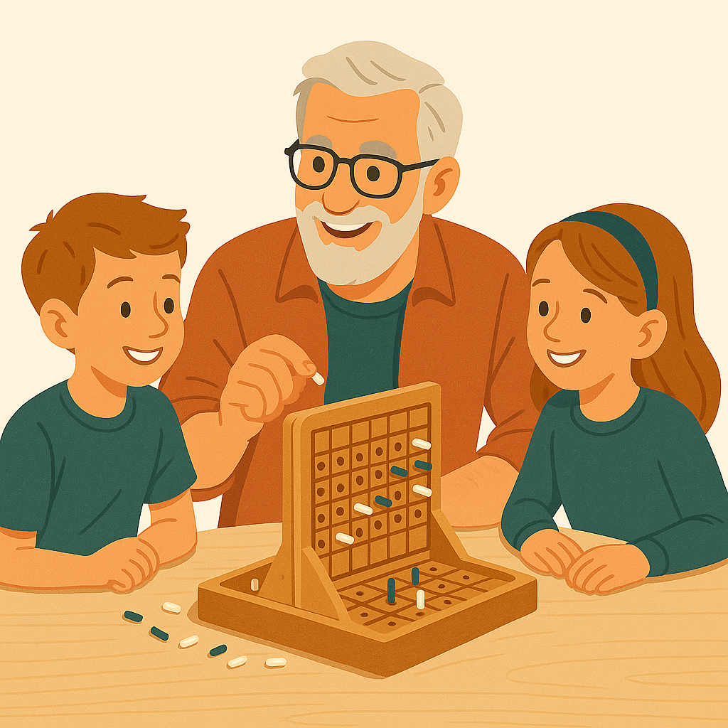 Mann 60, spielt mit seinen Enkeln Schiffe-Versenken aus Holz