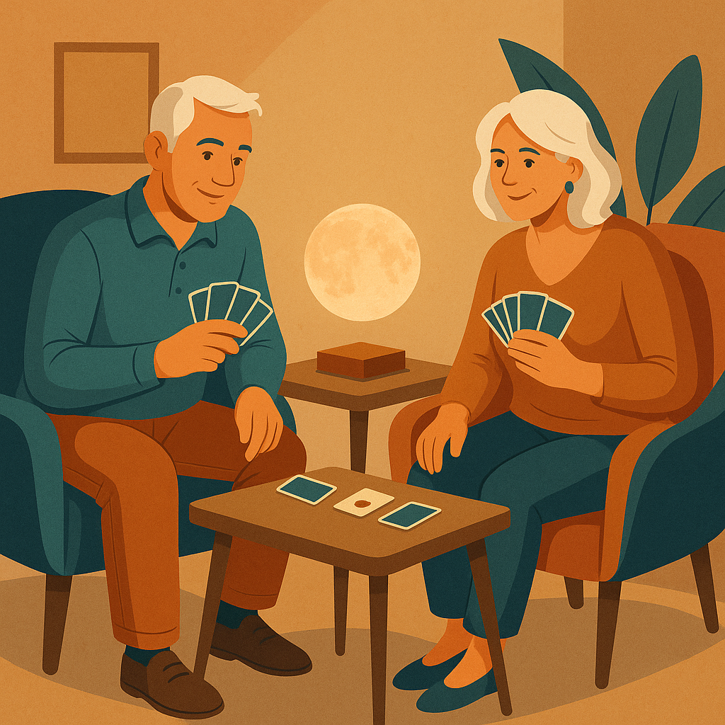 Ehepaar (60) spielt Kartenspiel. Im Hintergrund die schwebende Mondlampe.