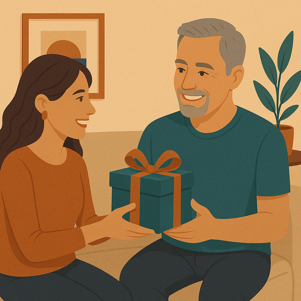 Erwachsene Tochter überreicht ihrem Vater (60) ein Geschenk