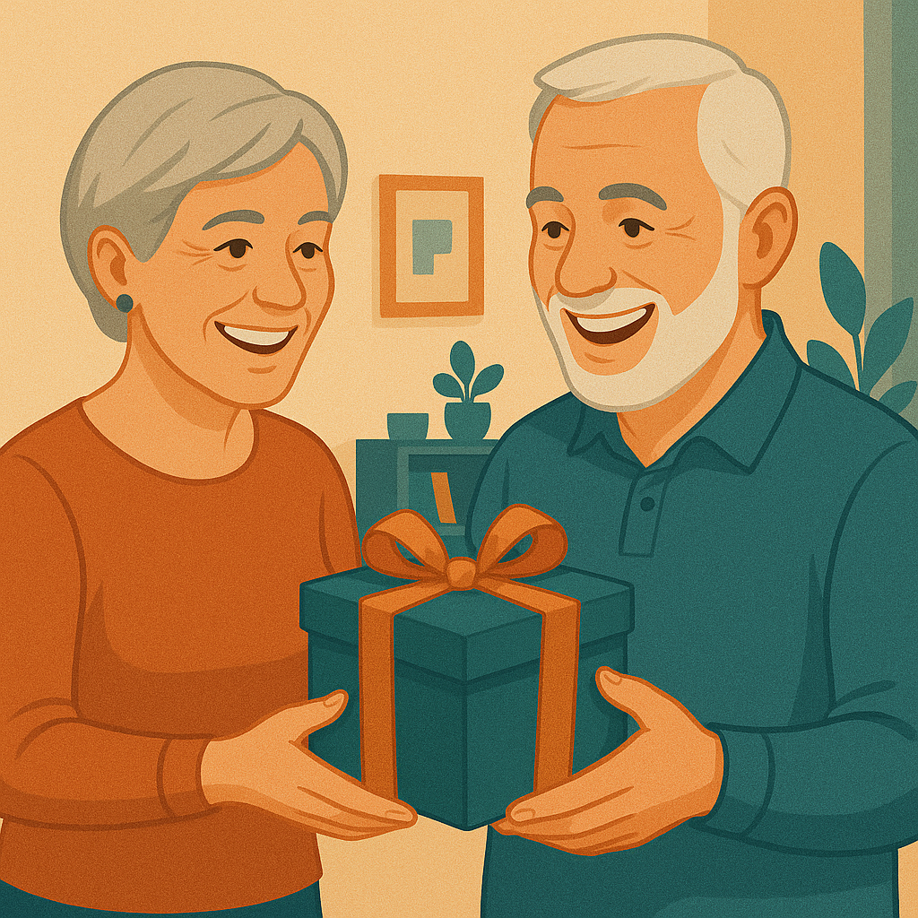 Frau (60) überreicht Mann (60) ein Geschenk