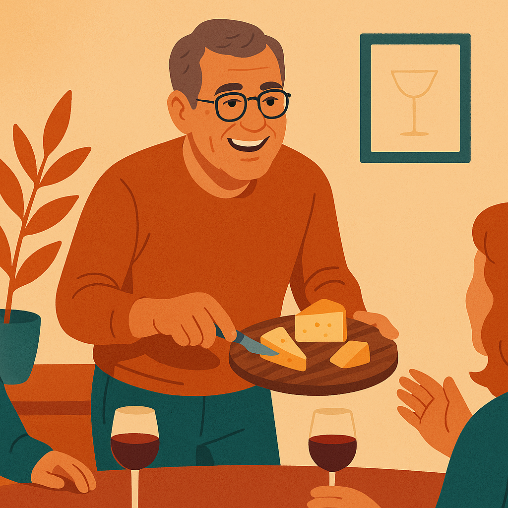 Mann (60) bewirtet seine Gäste.