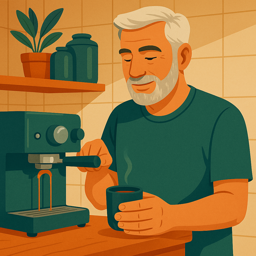 Mann (60) kocht Kaffee mit einer Siebträgermaschine