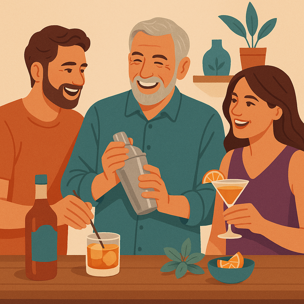 Mann (60) mixt mit seinen erwachsenen Kindern Cocktails.
