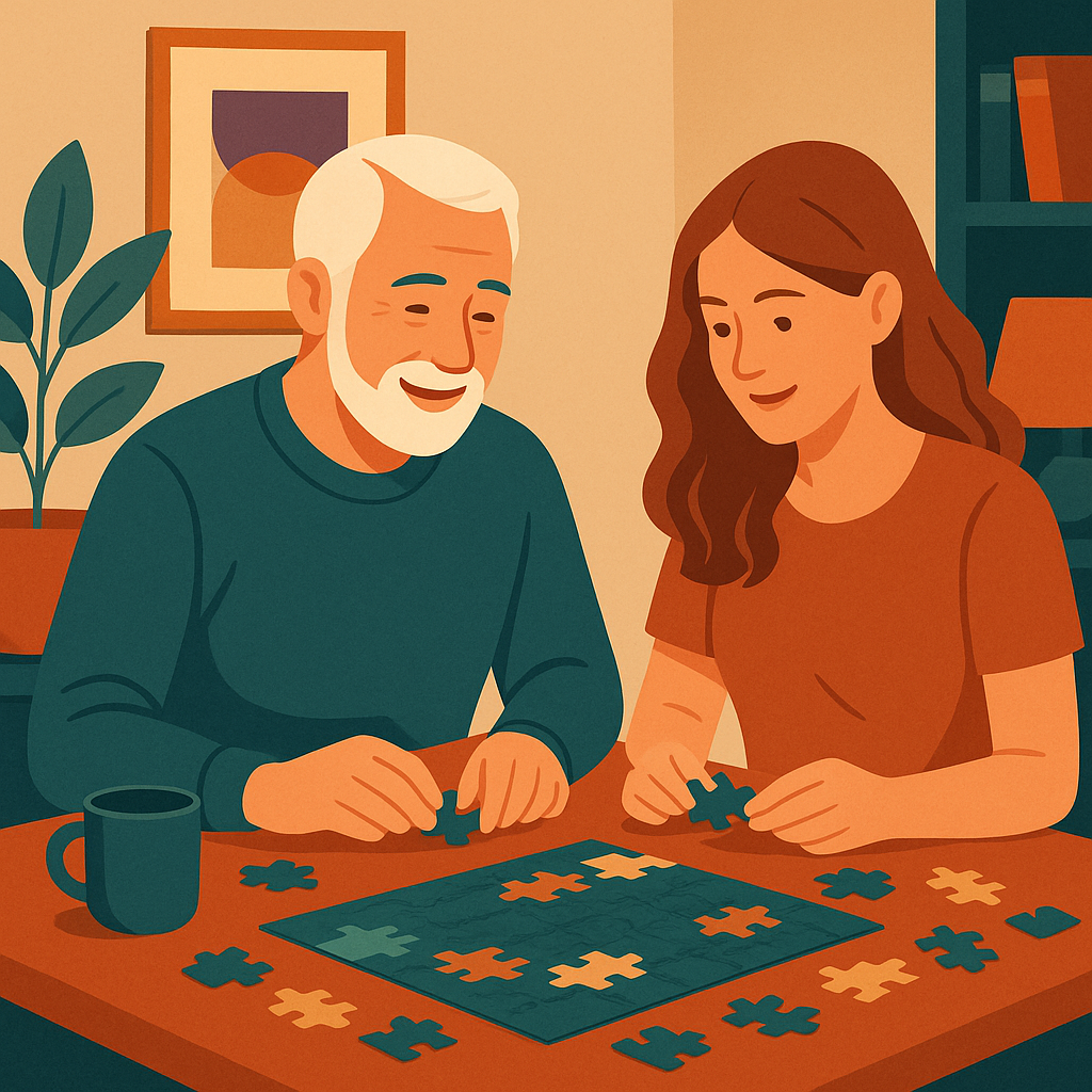 Mann (60) macht mit seiner erwachsenen Tochter ein Puzzel.