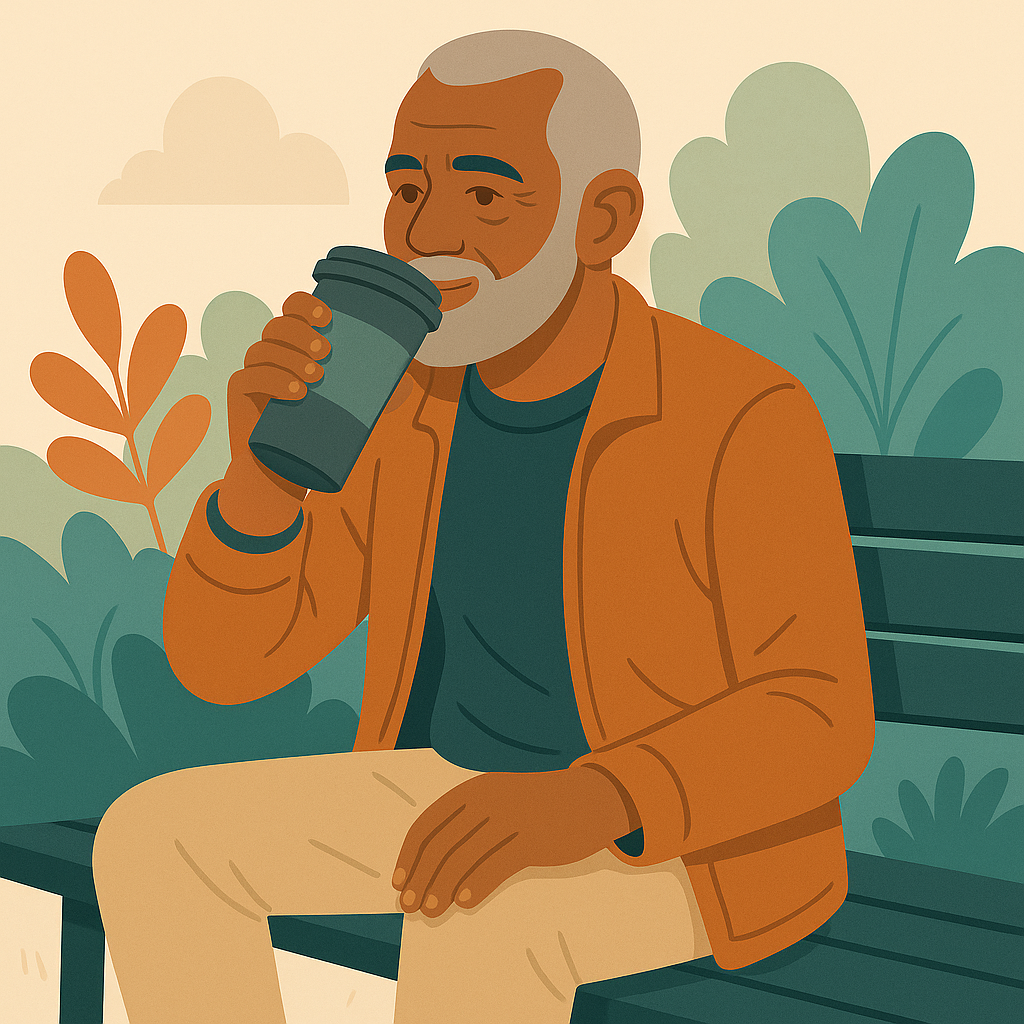 Mann (60) sitzt auf Parkbank und trinkt Kaffee aus To-Go-Becher