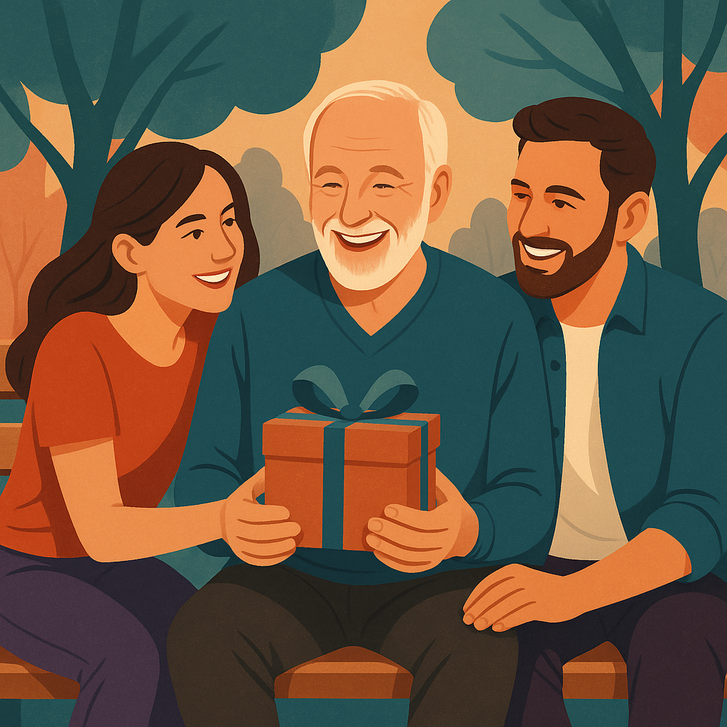 Mann (60) sitzt mit seinen erwachsenen Kindern auf einer Bank. Sie ĂŒberreichen ihm ein Geschenk
