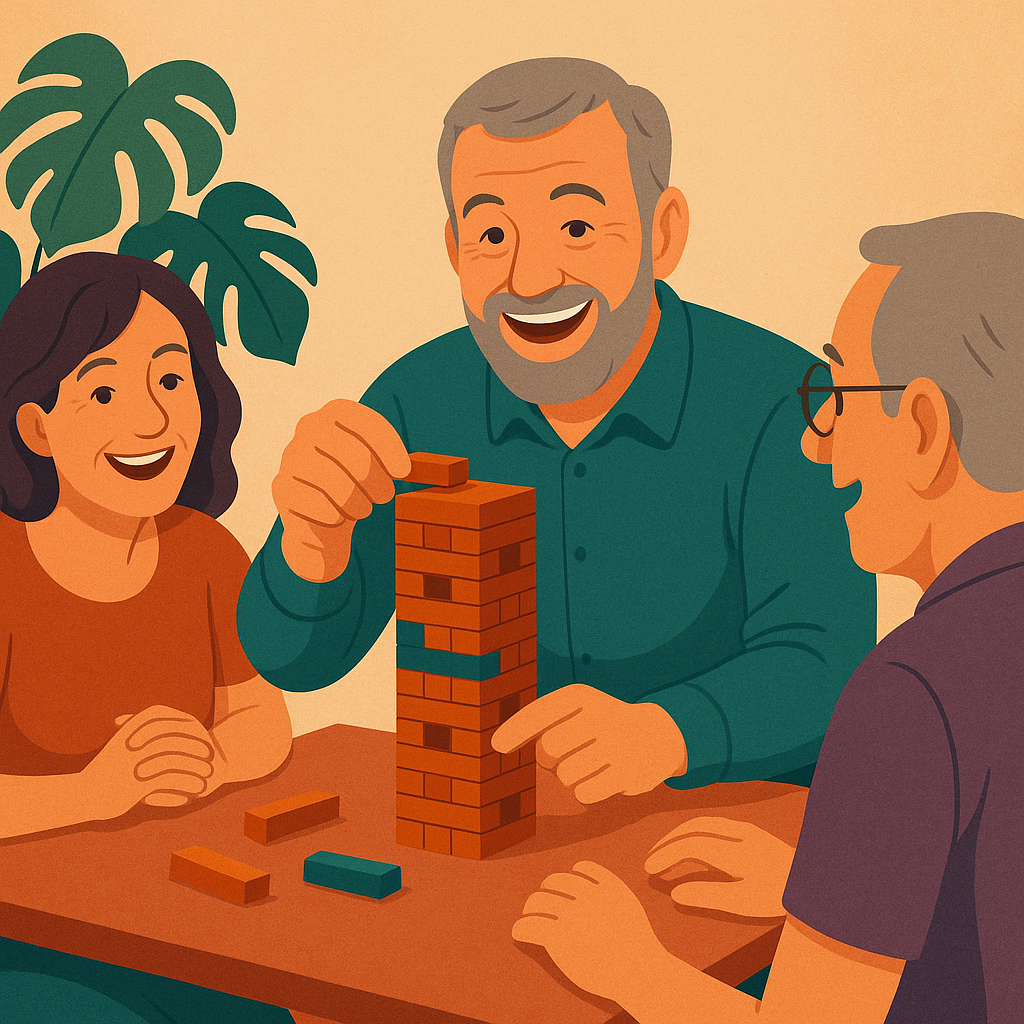 Mann (60) spielt mit Freunden Tumbling Tower