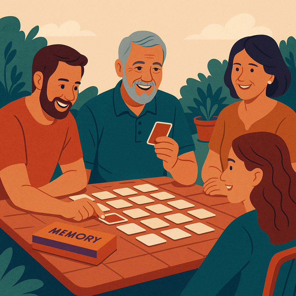 Mann (60) spielt mit seiner Familie Memory im Garten