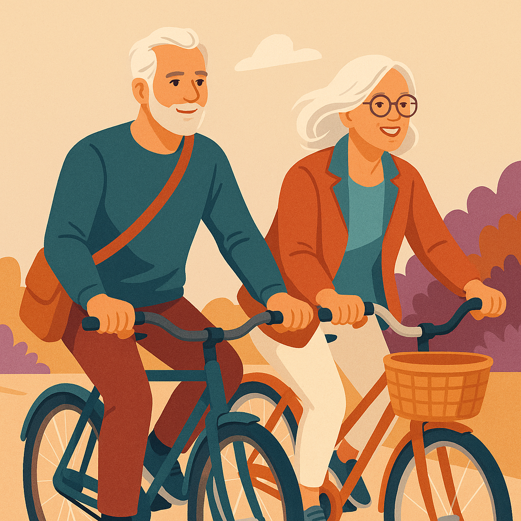Mann (60) und Frau (60) fahren gemein Fahrrad