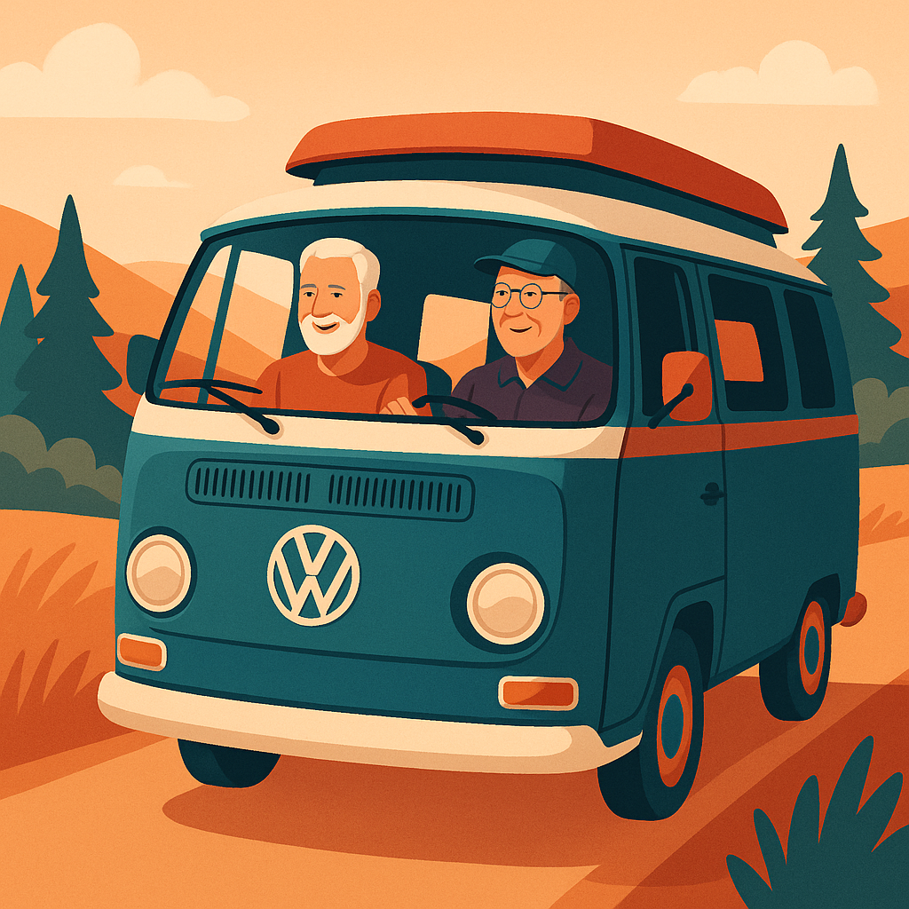 Zwei Männer (60) fahren in Camping-Bus durch eine Landschaft