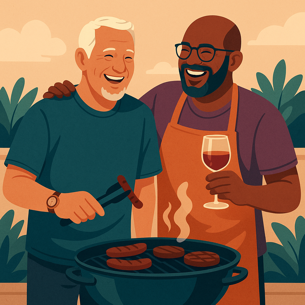 Zwei Männer (60) stehen gemeinsam am Grill. Freude.