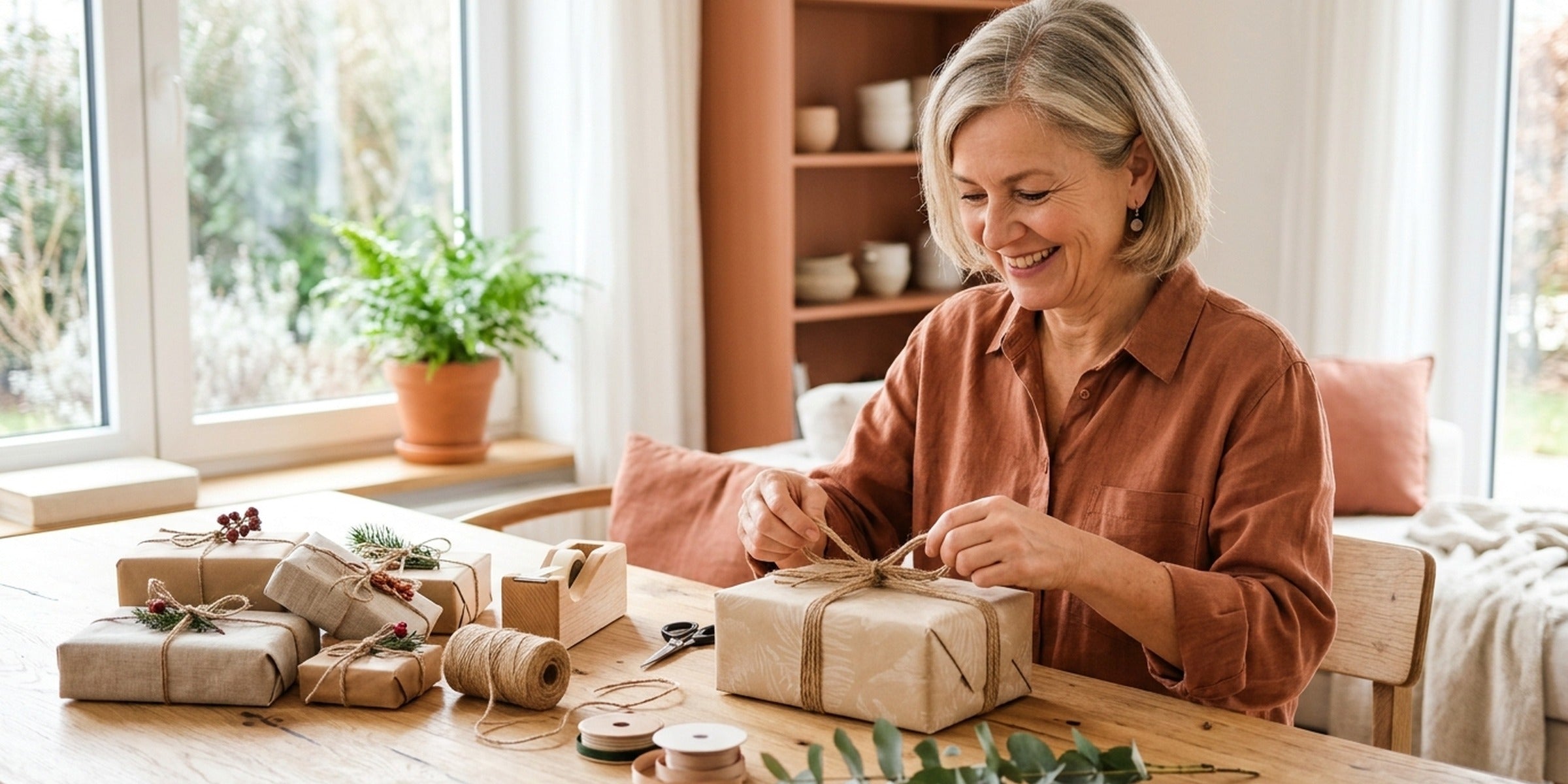 Frau schnürt ein persönliches Geschenkpaket mit Naturband zu