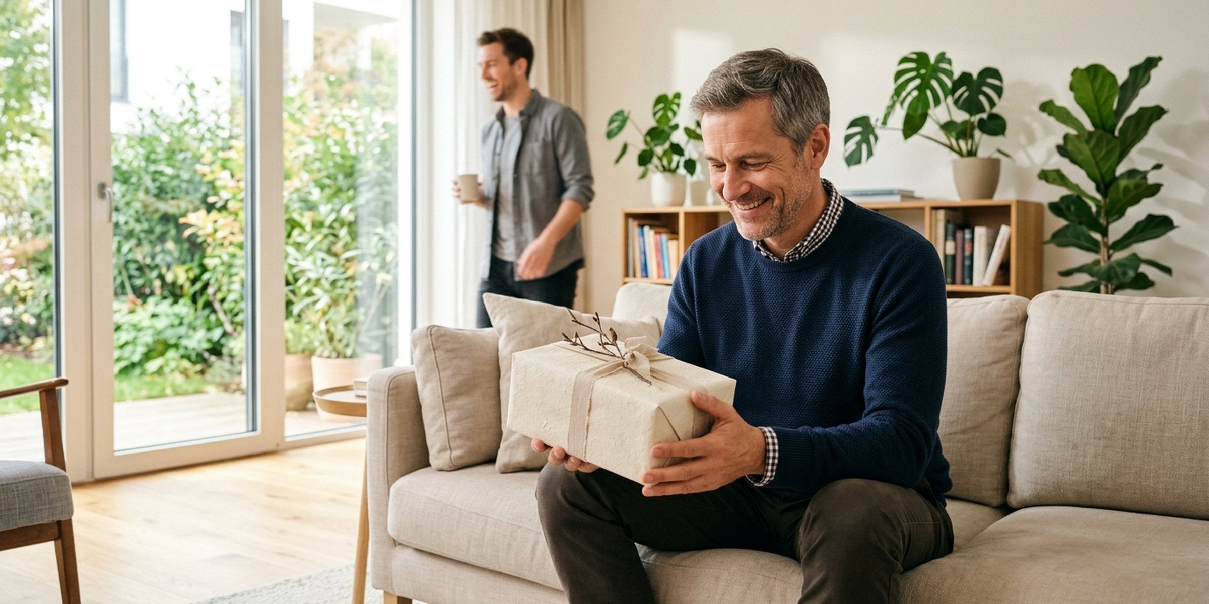 Mann Mitte 50 freut sich über ein stilvolles Geschenk in heller Wohnatmosphäre