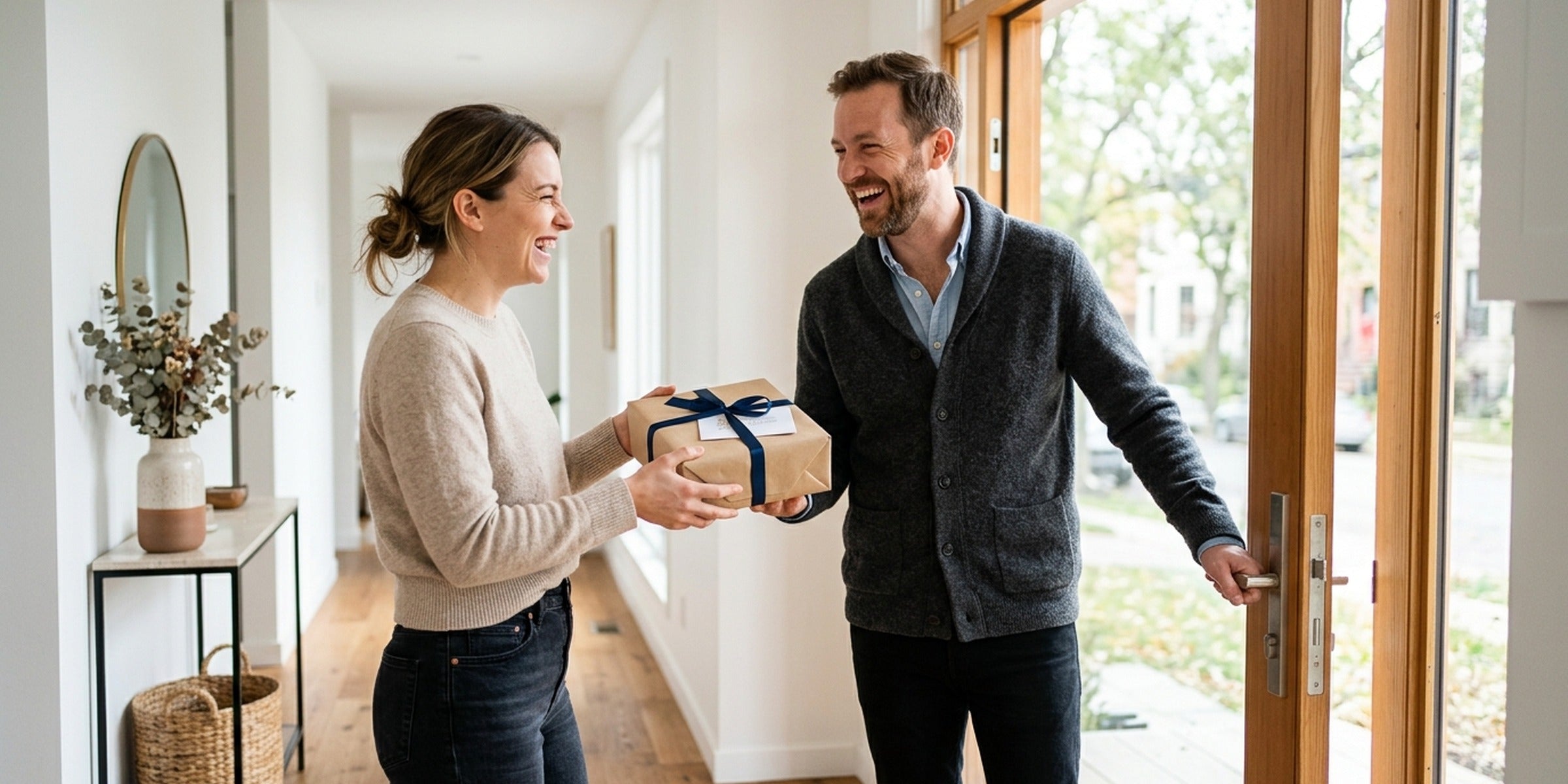 Frau überreicht einem Mann nachträglich ein Geschenk an der Wohnungstür