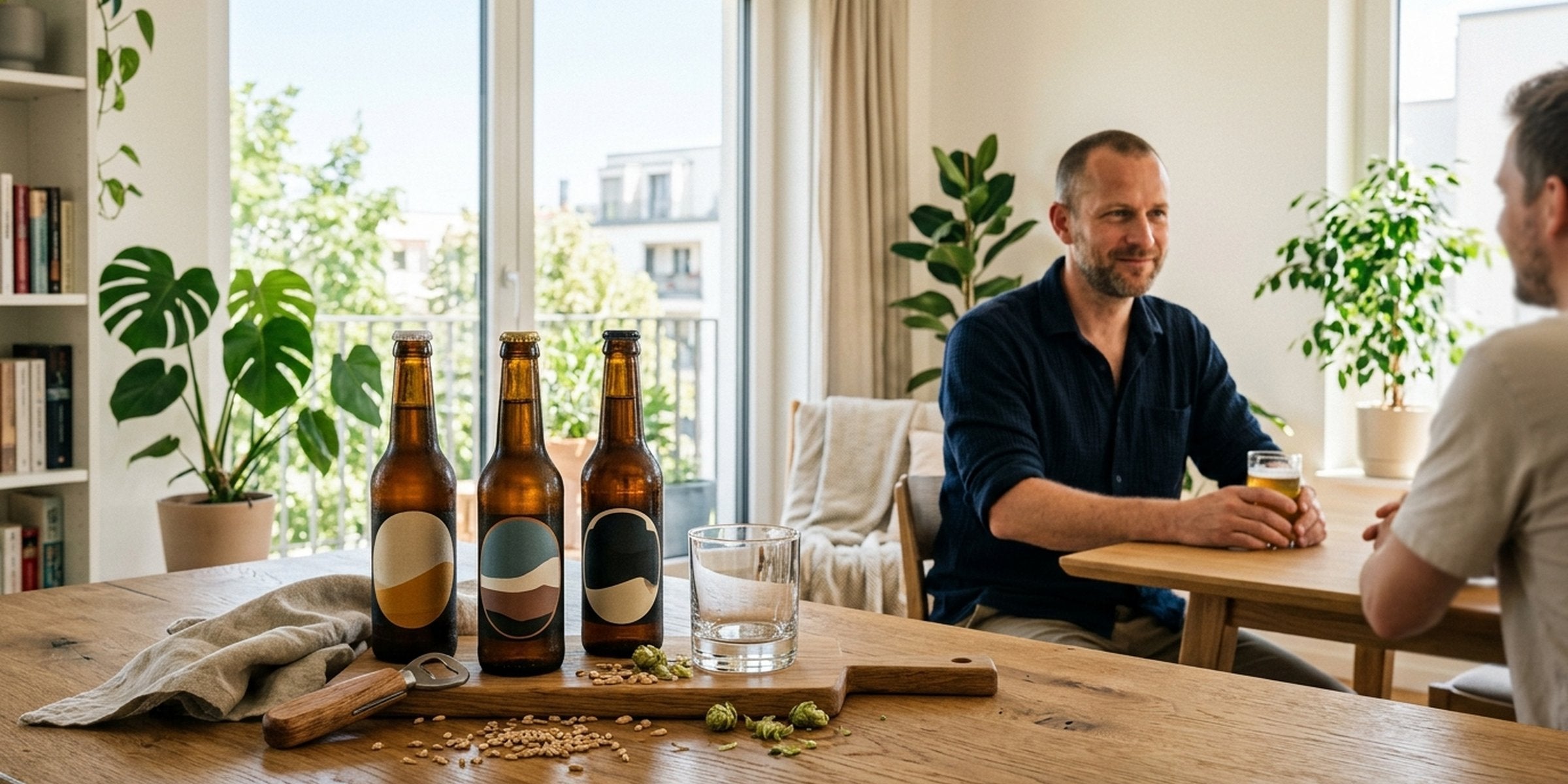 Mann genießt ein Bier mit passendem Zubehör am hellen Esstisch