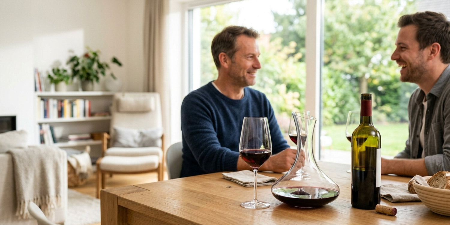 Mann genießt ein Glas Wein mit stilvollem Wein-Zubehör