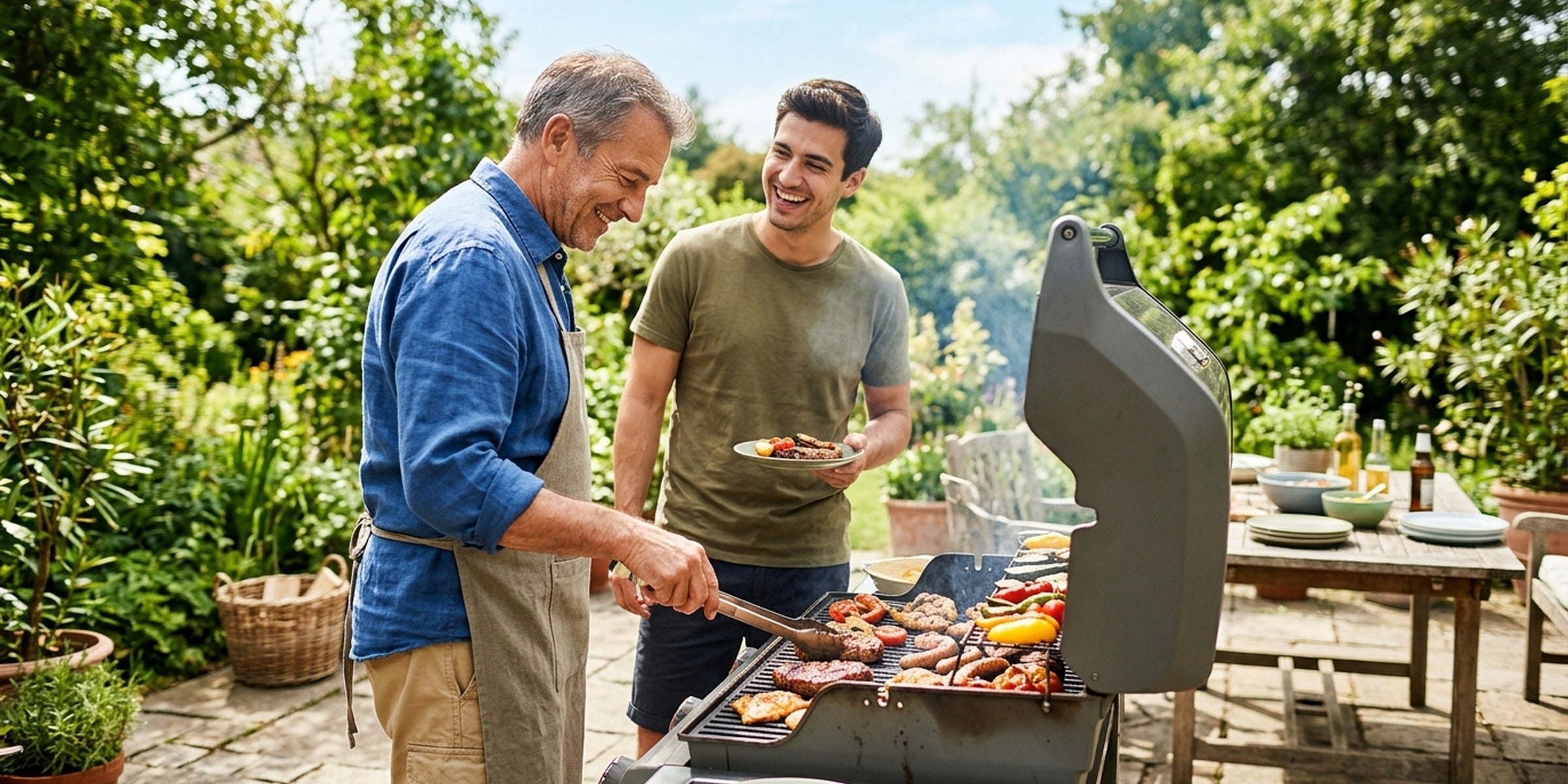 Vater und Sohn stehen gemeinsam am Grill auf der Terrasse