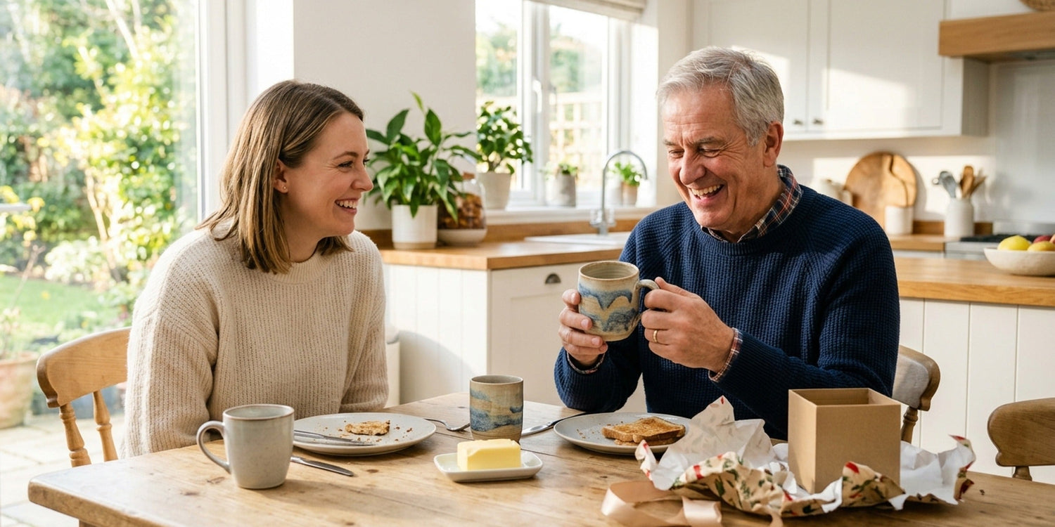 Vater freut sich am Frühstückstisch über einen ausgepackten Keramikbecher