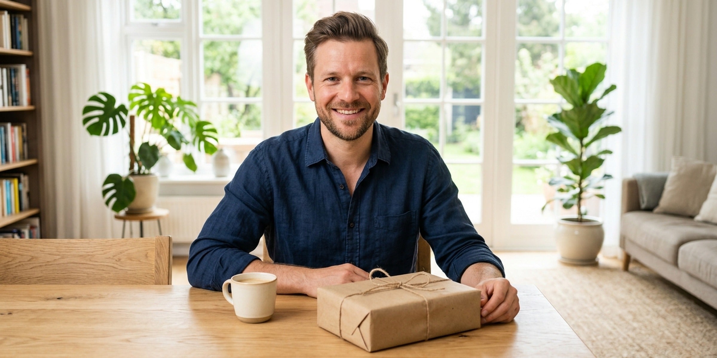 Mann sitzt am hellen Holztisch mit Kaffeetasse und schlicht verpacktem Geschenk