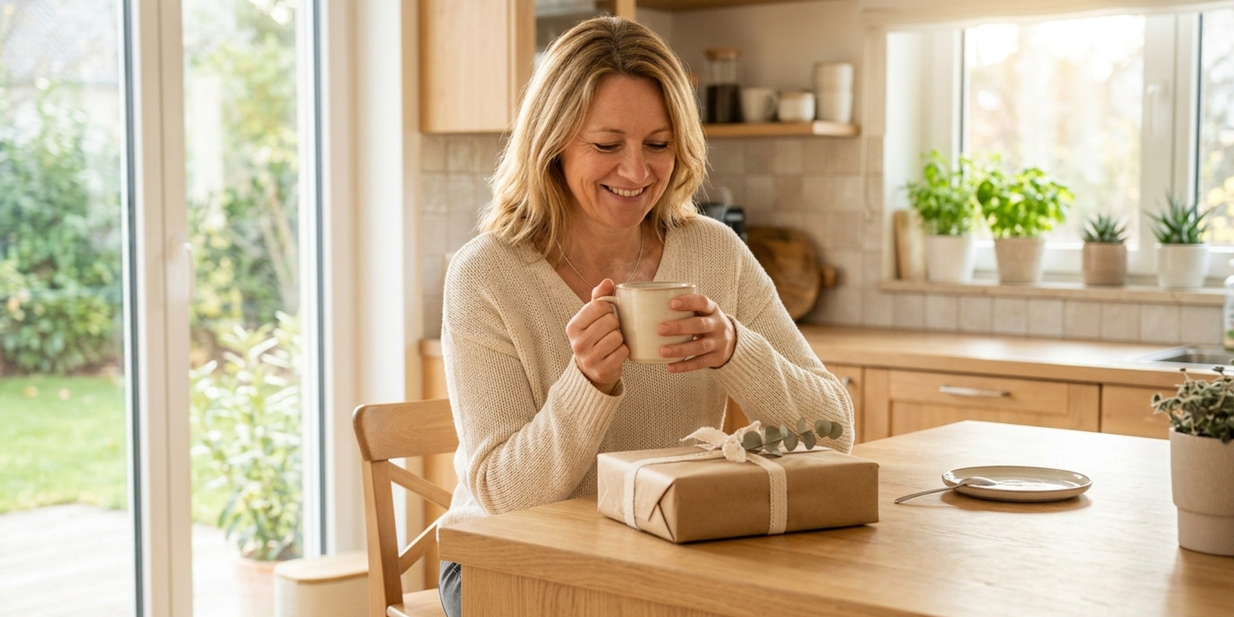 Frau sitzt morgens erleichtert vor einem fertig eingepackten Geschenk