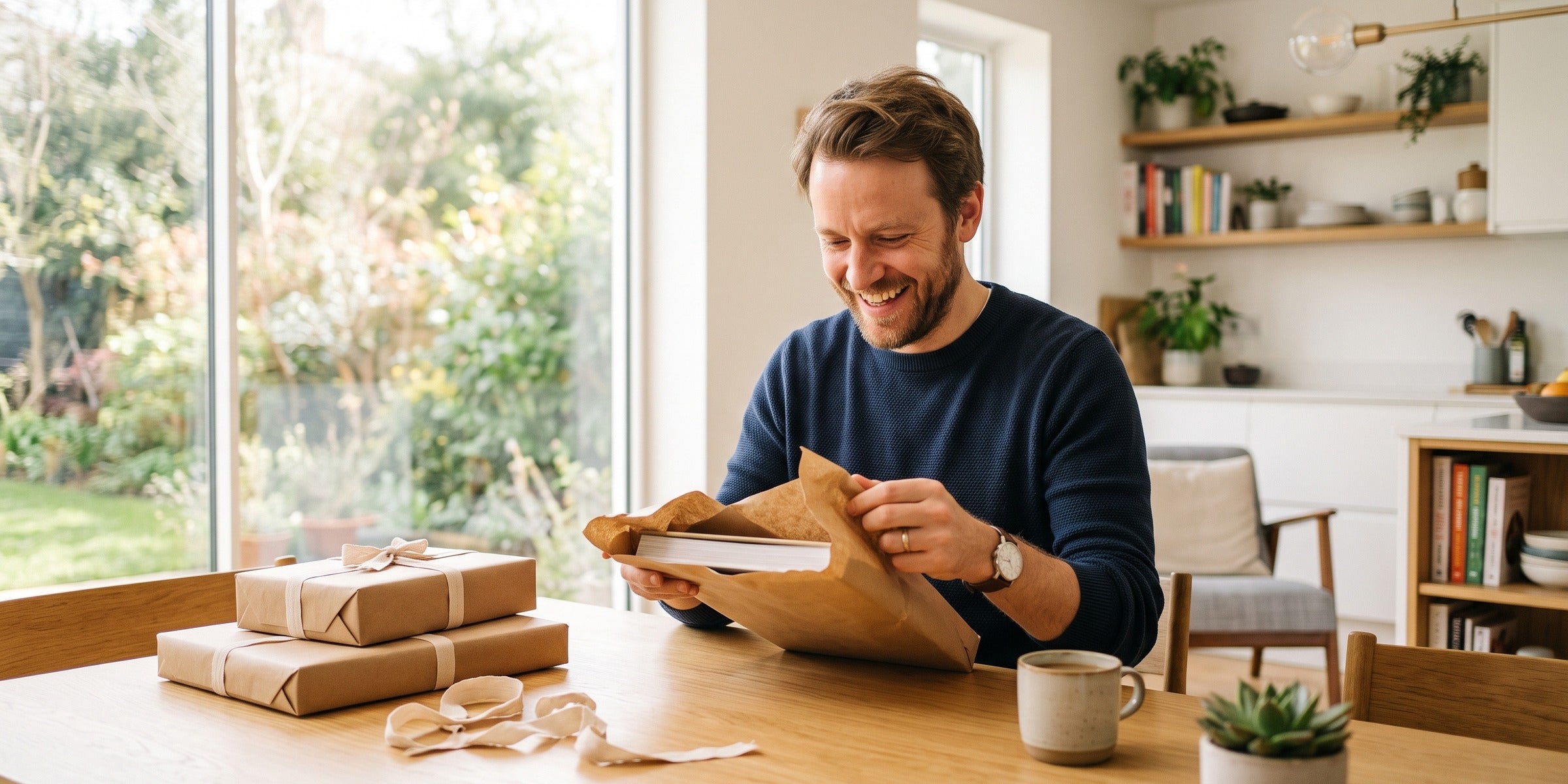 Mann Mitte 30 öffnet an einem hellen Esstisch eines von mehreren Geschenken