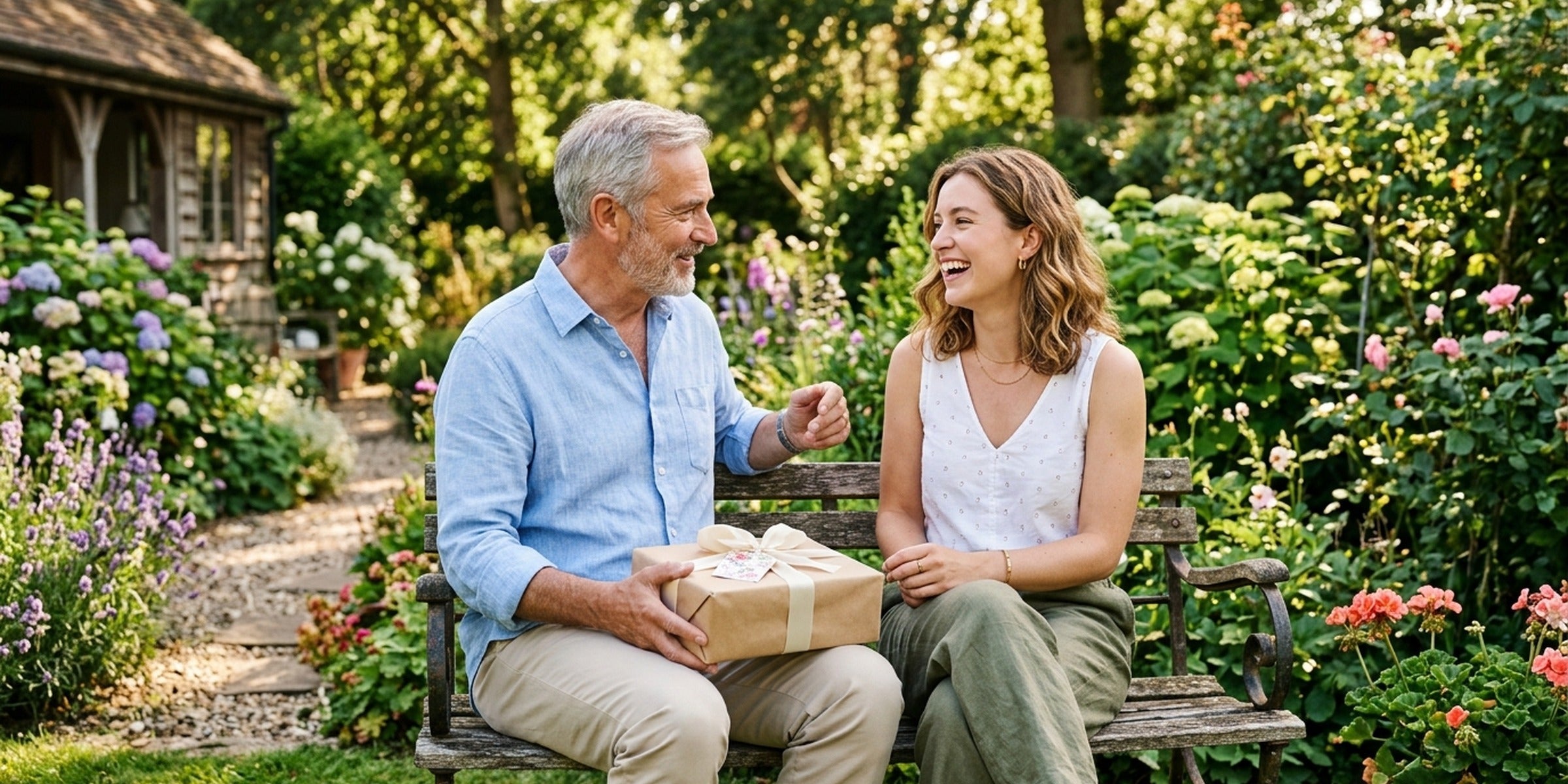 Vater und erwachsene Tochter sitzen mit einem Geschenk auf der Gartenbank