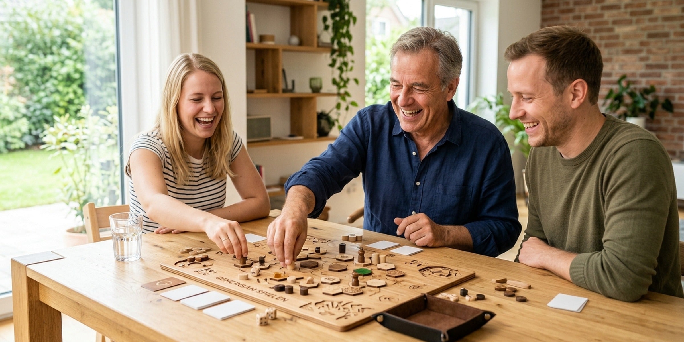 Vater spielt lachend mit seinen erwachsenen Kindern ein Holz-Brettspiel