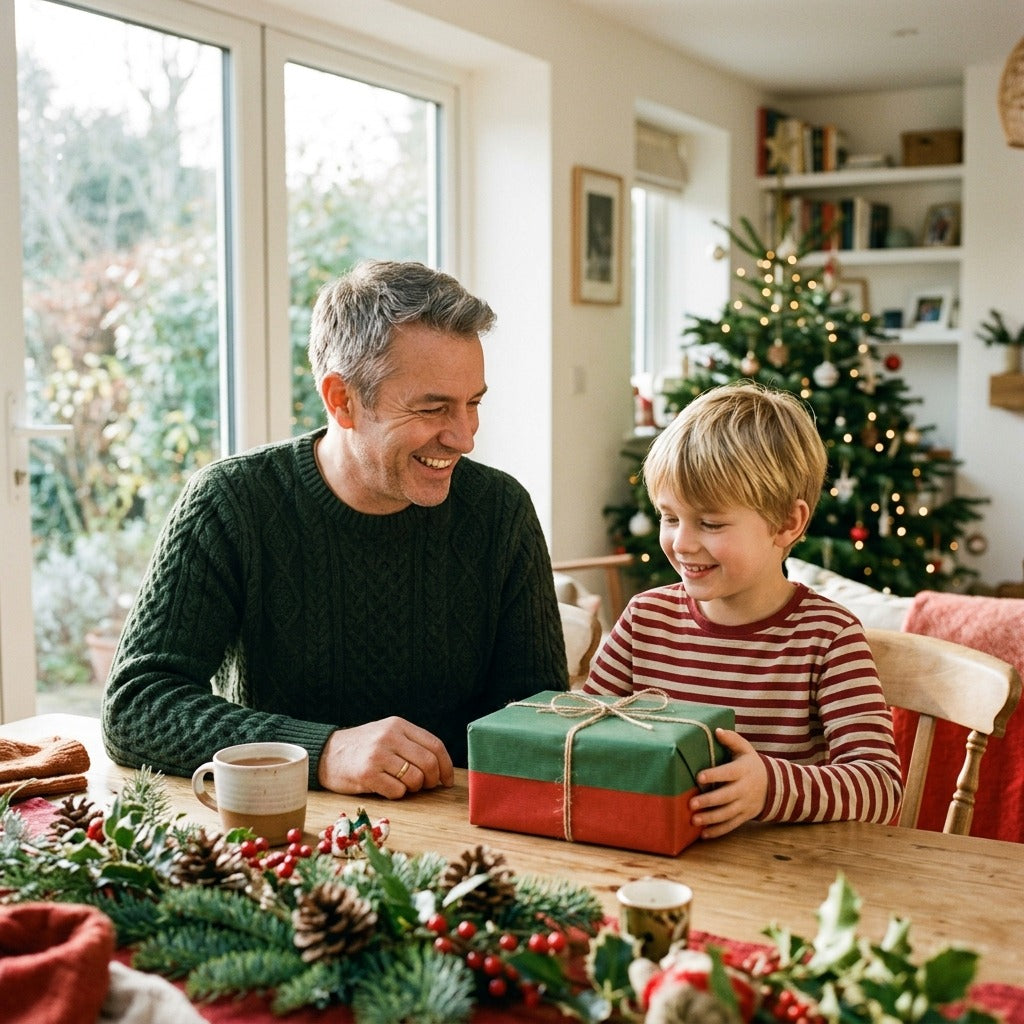 Mann und Kind tauschen an einem weihnachtlich gedeckten Tisch lächelnd ein Geschenk