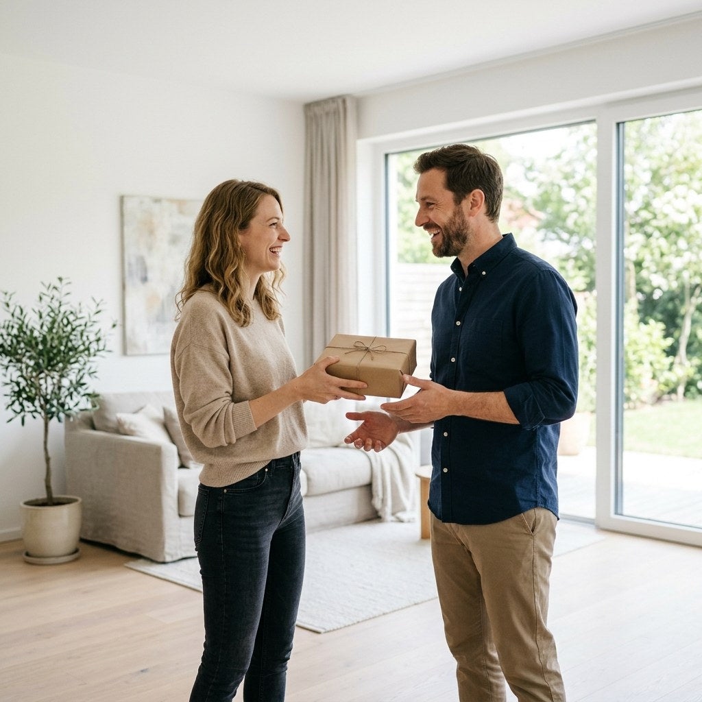 Frau übergibt lächelnd ihrem Partner in modern-minimalistischem Raum ein klar geformtes Geschenk