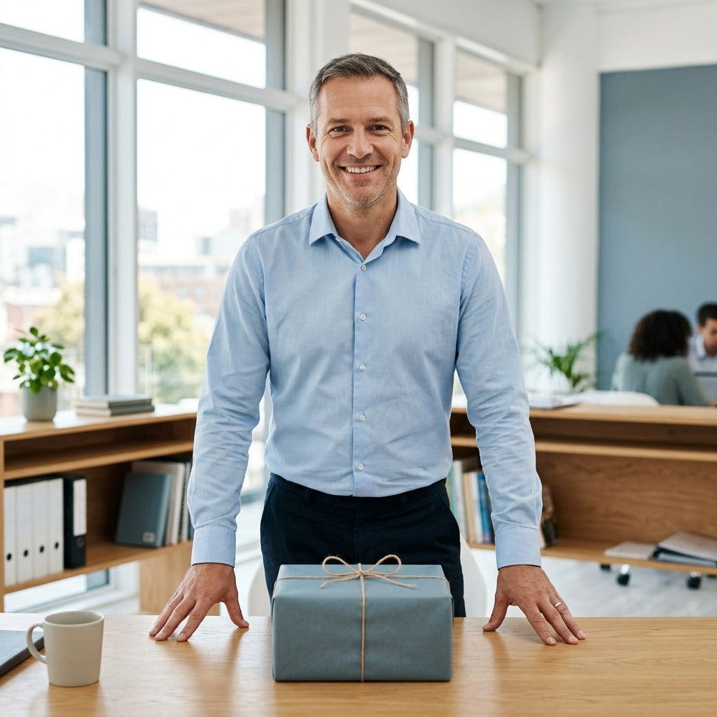 Mann erhält in einem hellen, modernen Büro lächelnd ein hochwertig verpacktes Geschenk