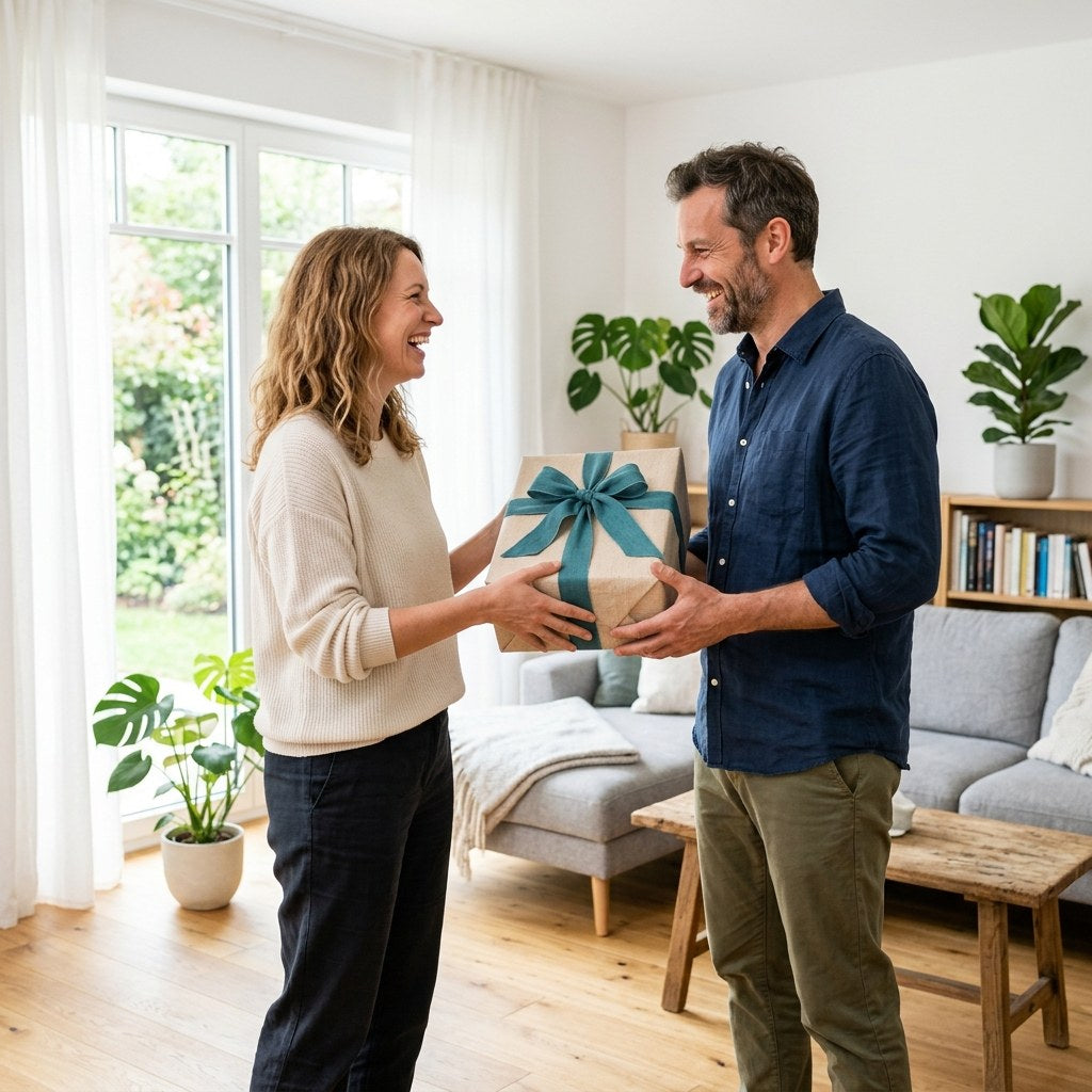 Frau übergibt lächelnd ihrem Partner in hellem Wohnzimmer ein etwas größeres Geschenk mit Schleife