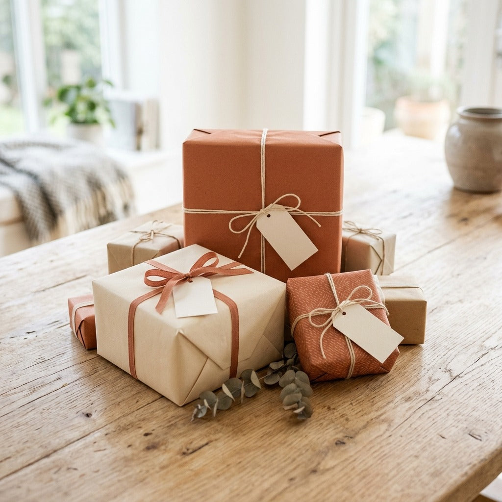 Mehrere hochwertig verpackte Geschenke stapeln sich auf einer hellen Holzoberfläche