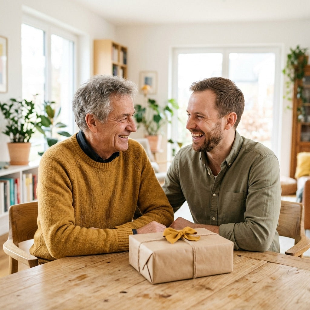 Erwachsener Sohn überreicht seinem Vater an einem hellen Tisch lächelnd ein Geschenk