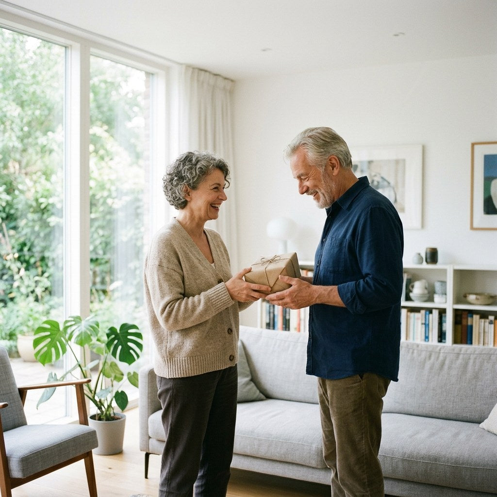 Frau übergibt lächelnd ihrem Partner in hellem Wohnzimmer ein Geschenk zum 60. Geburtstag
