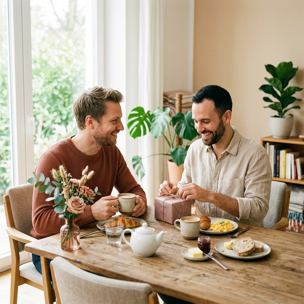 Partner überreicht an einem hell gedeckten Frühstückstisch lächelnd ein Valentinsgeschenk