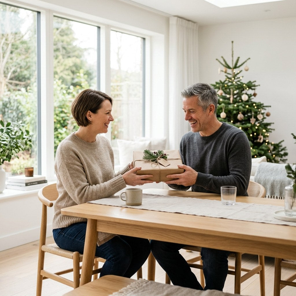 Frau übergibt lächelnd ihrem Partner an hellem Tisch ein weihnachtliches Geschenk mit Tannenzweig