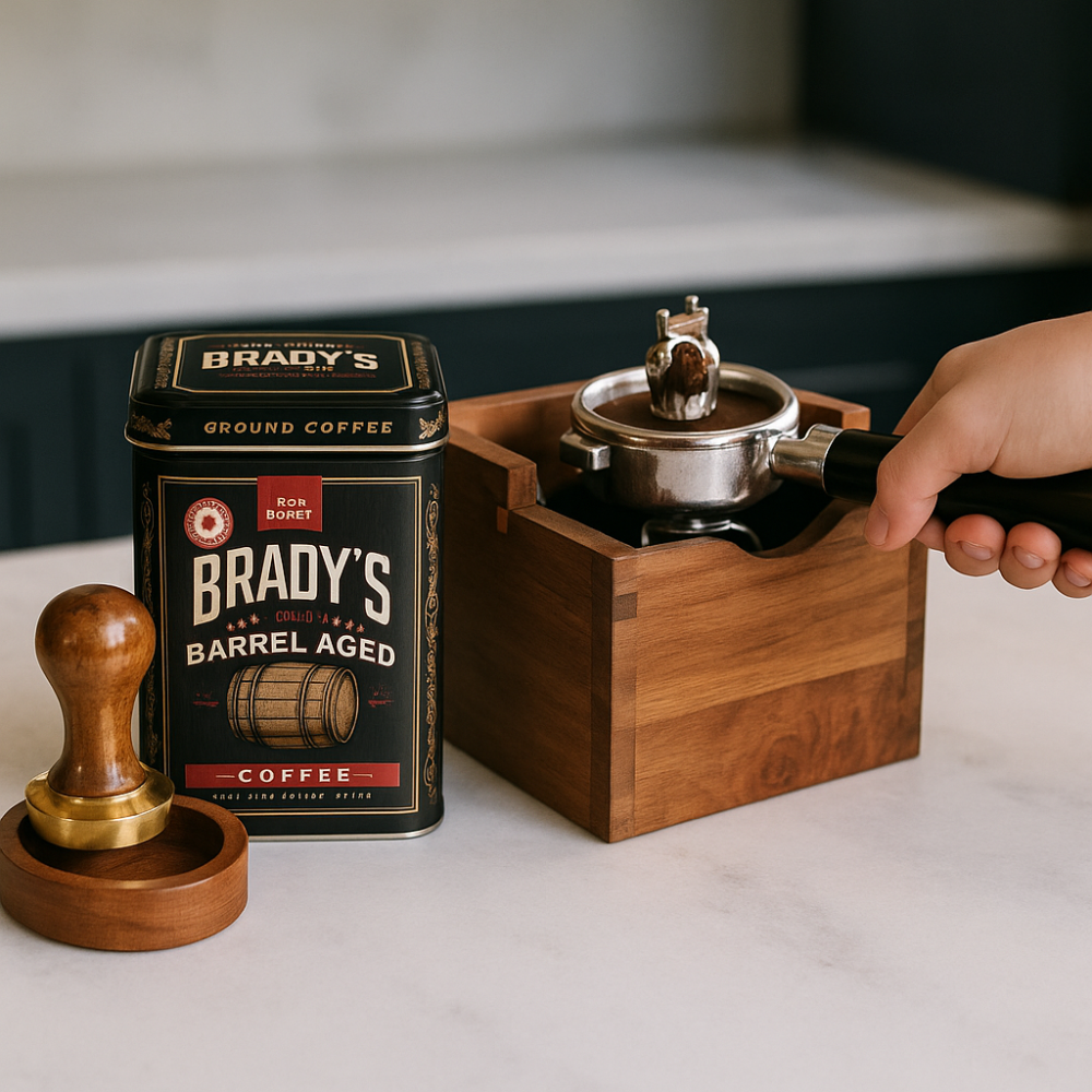 Barista-Set: Klopfbox, Tamper & Brady’s Whiskey-Kaffee