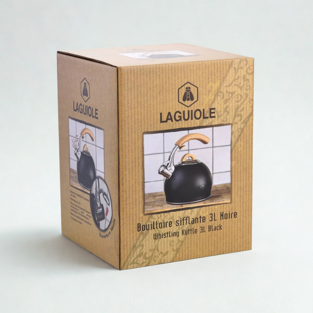 Laguiole Pfeifkessel Schwarz – Stilvoller Wasserkessel mit Holzgriff (3 l)