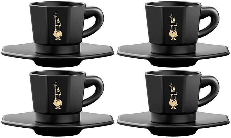 Bialetti Espressotassen-Set (4 Stück) – Schwarz, achteckig, mit Unterteller