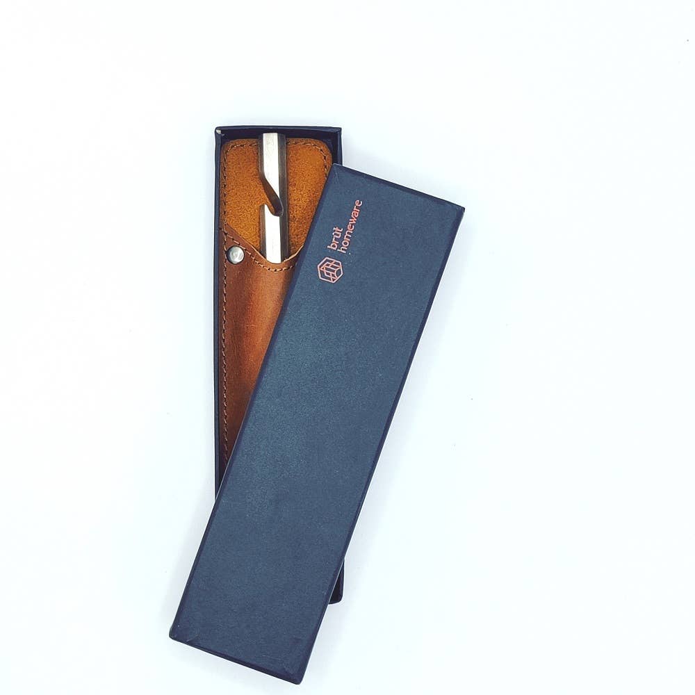 Flaschenöffner mit Büffellederhülle – aus gebranntem Edelstahl, im Geschenketui