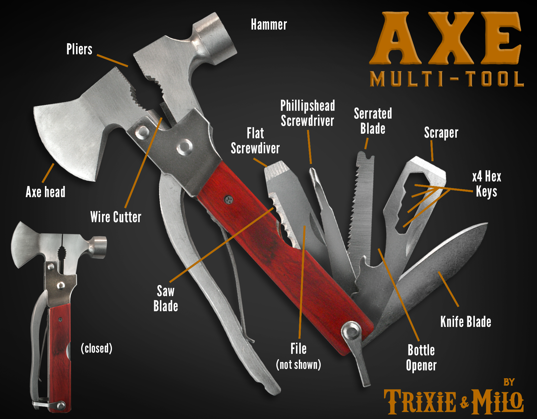 Axt-Multitool – 15 Funktionen im Rosenholzgriff