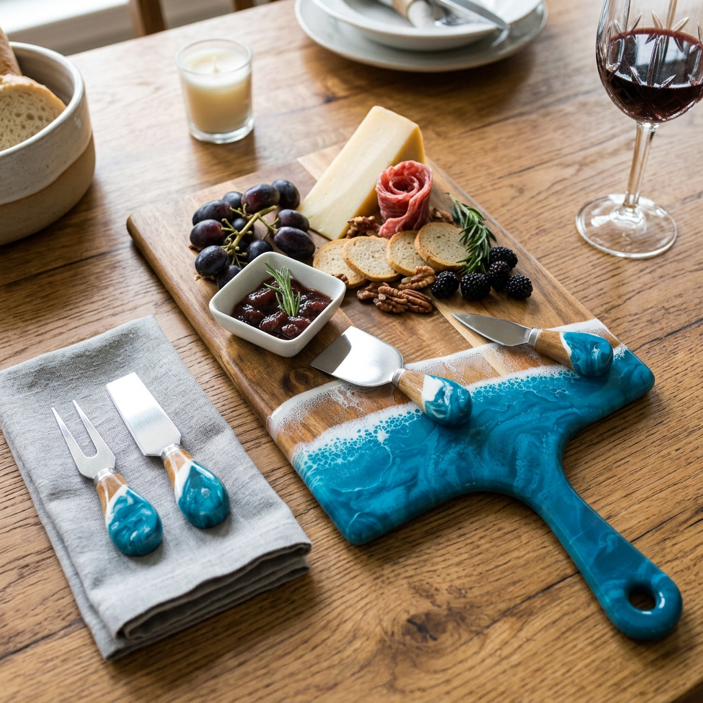 Servierbrett Akazienholz mit blauem Harzakzent und Käsemesserset als besonderes Geschenk für Männer