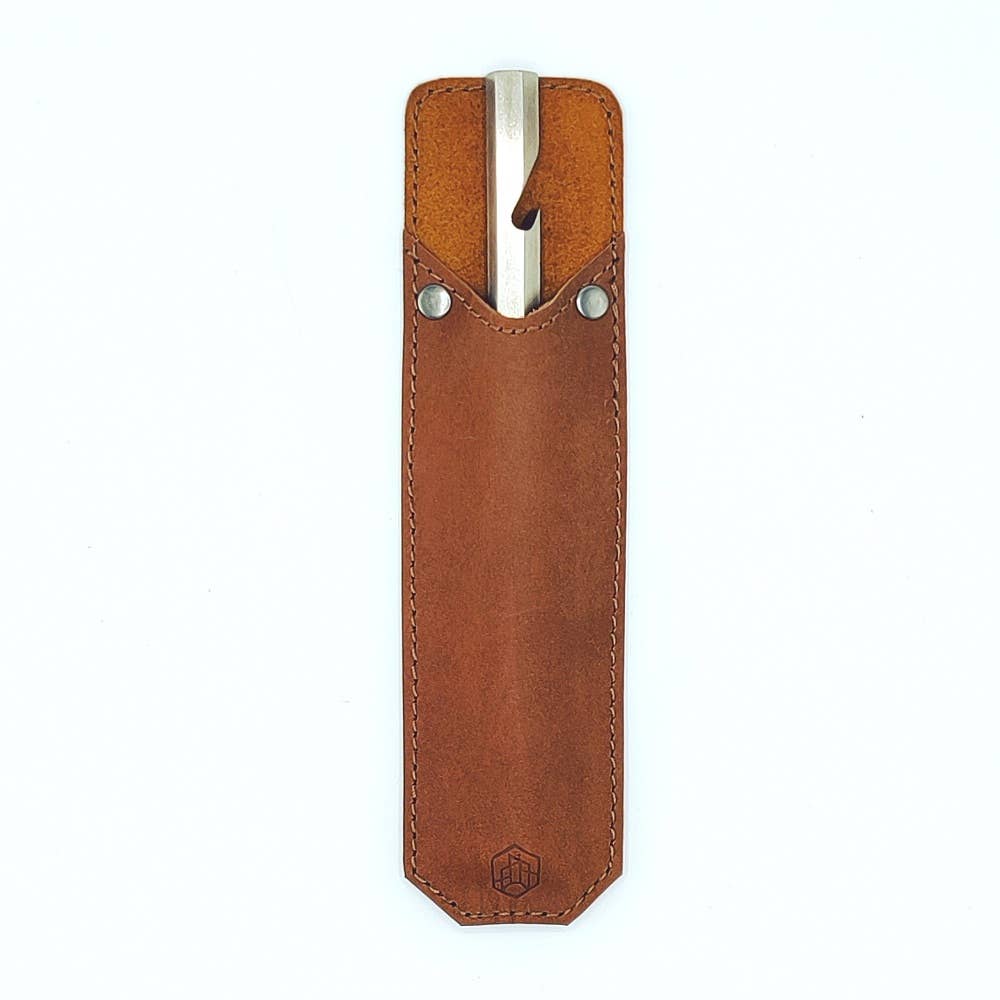 Flaschenöffner mit Büffellederhülle – aus gebranntem Edelstahl, im Geschenketui