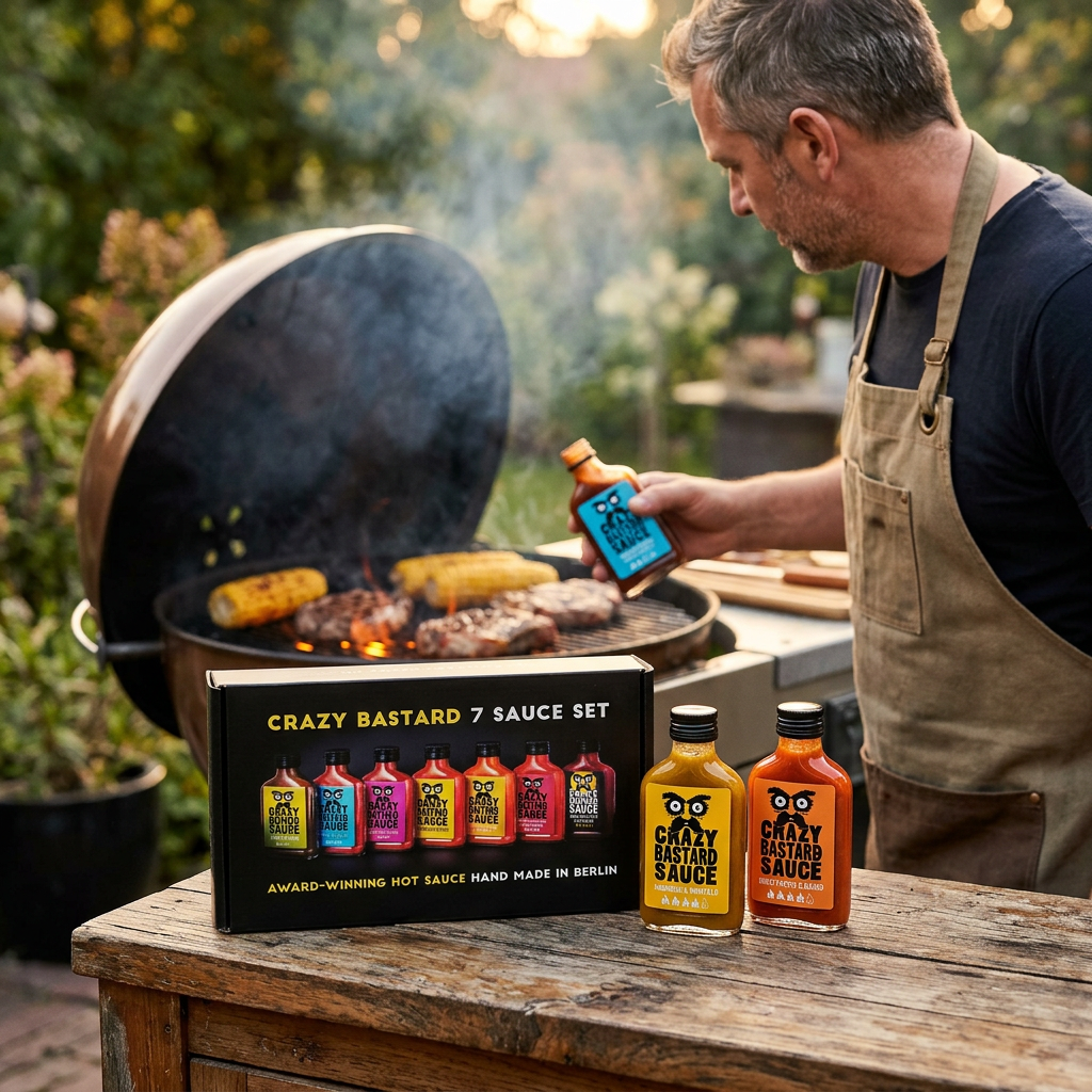 Crazy Bastard 7 Sauce Set Geschenkbox mit zwei Hot Sauce Flaschen auf Holztisch Mann beim Grillen im Hintergrund Männergeschenk