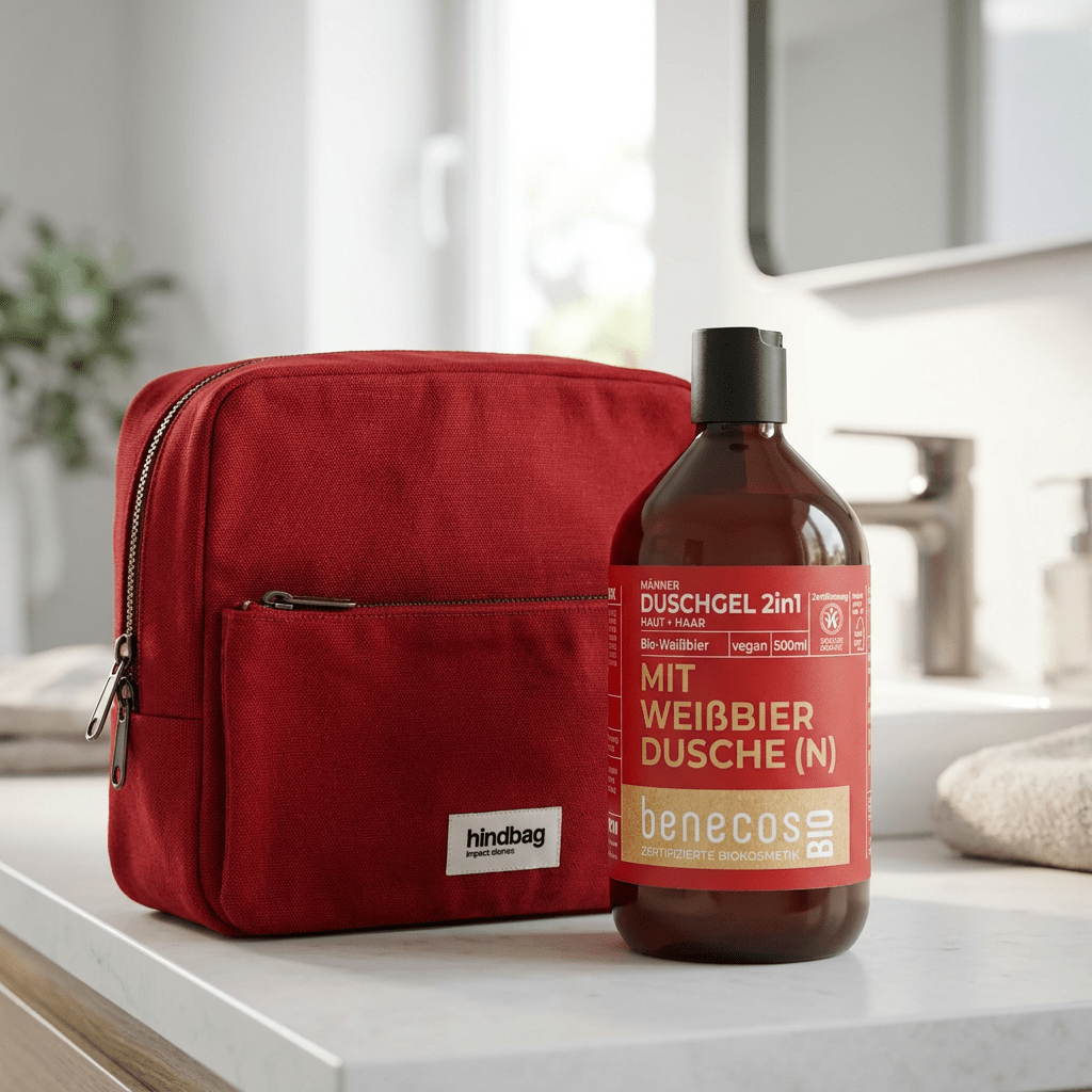 Frisch angekommen – Kulturbeutel & Bio - Duschgel Set - MANVA - Geschenke für Männer mit Stil & Lebenserfahrung