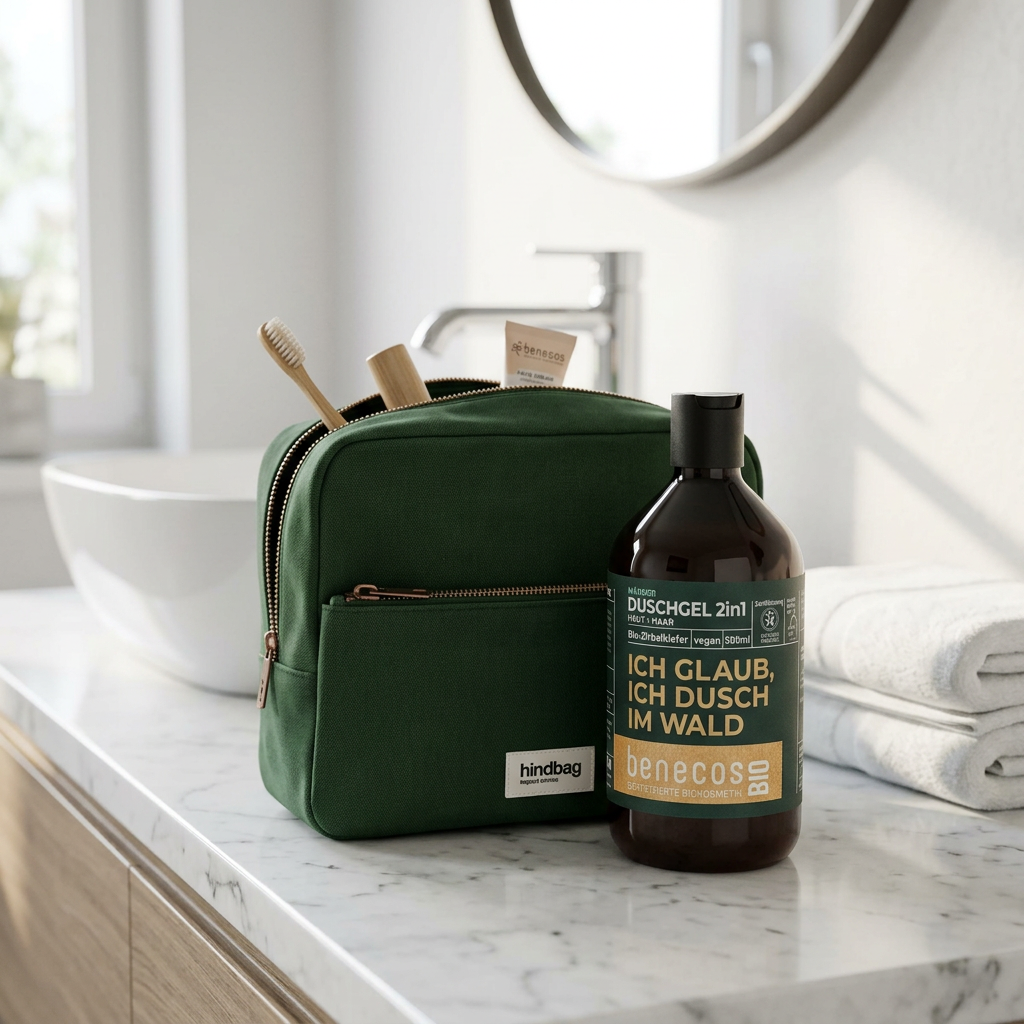 Grüner hindbag Kulturbeutel Alix mit benecos Bio-Duschgel Zirbelkiefer als Geschenk-Set für Männer