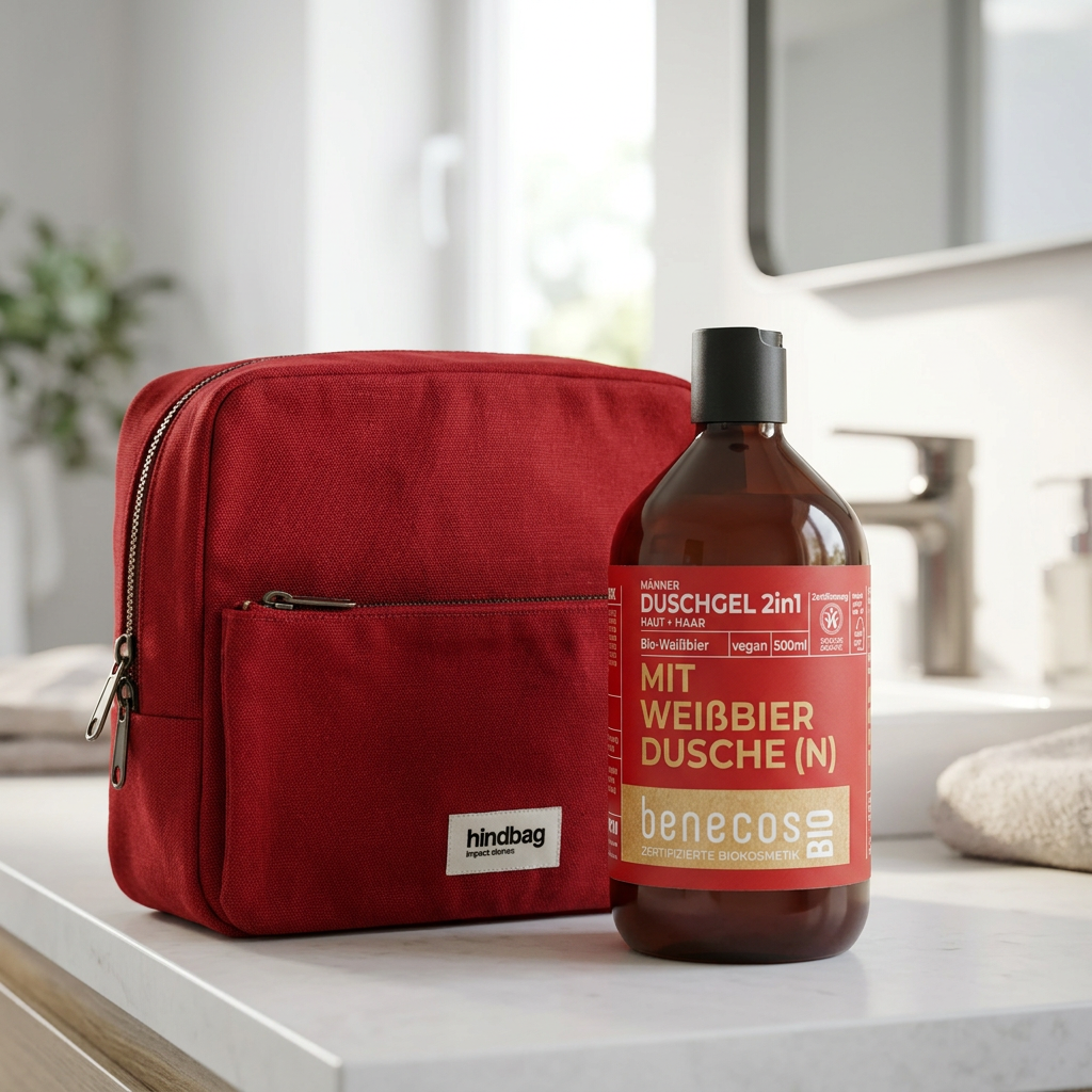 Roter hindbag Kulturbeutel Alix mit benecos Bio-Duschgel Weißbier als Reise-Geschenk für Männer
