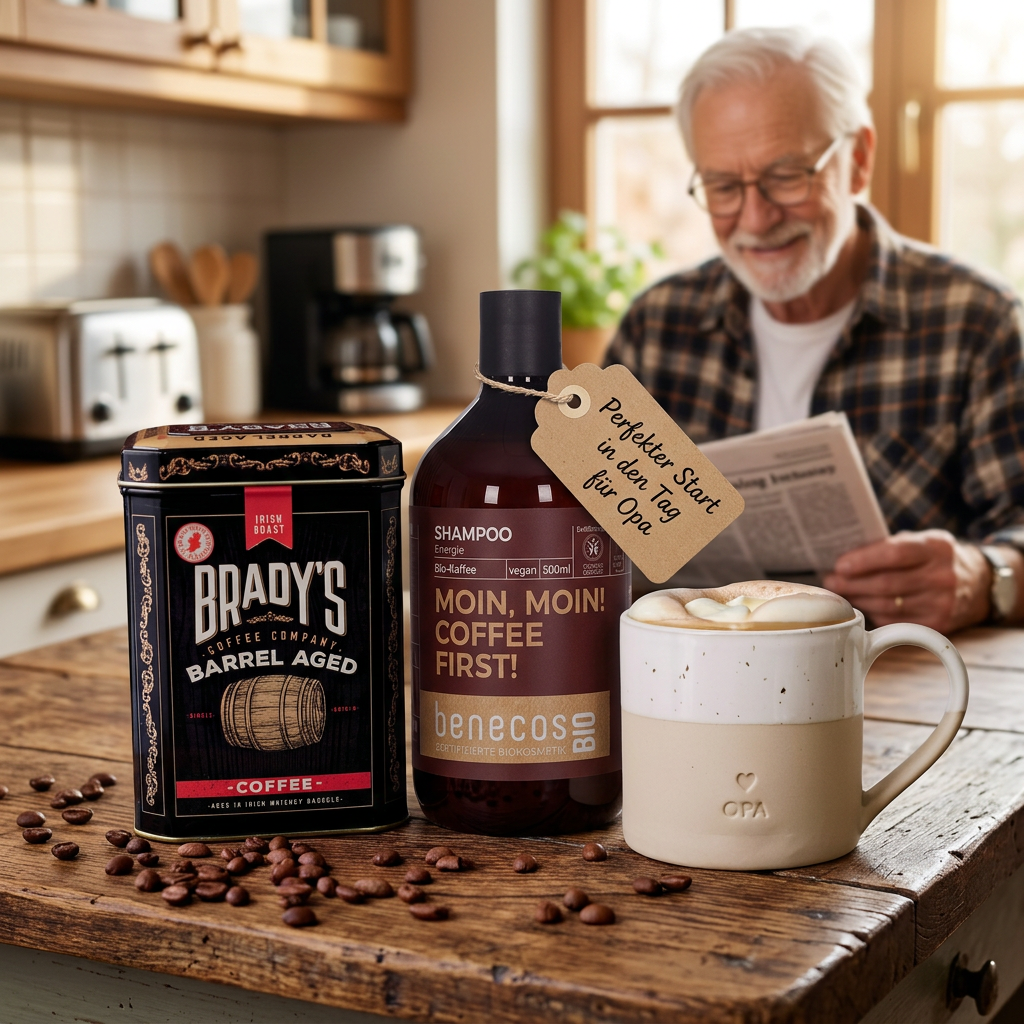 Opa Geschenk Set mit Keramiktasse Brady's Whiskey-Kaffee und benecos Bio-Shampoo auf Küchentisch