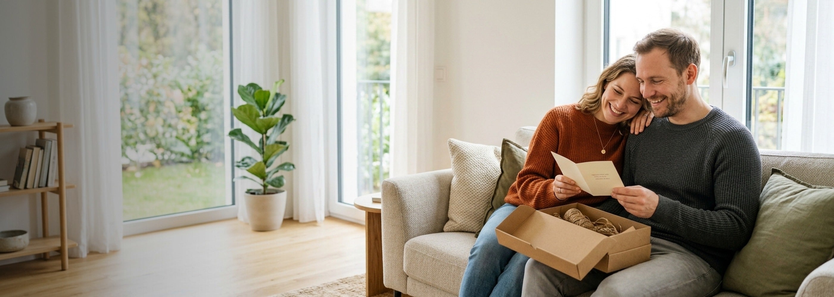 Junges Paar auf hellem Sofa in modernem Wohnzimmer, er hält lächelnd ein geöffnetes Geschenk aus Kraftpapier