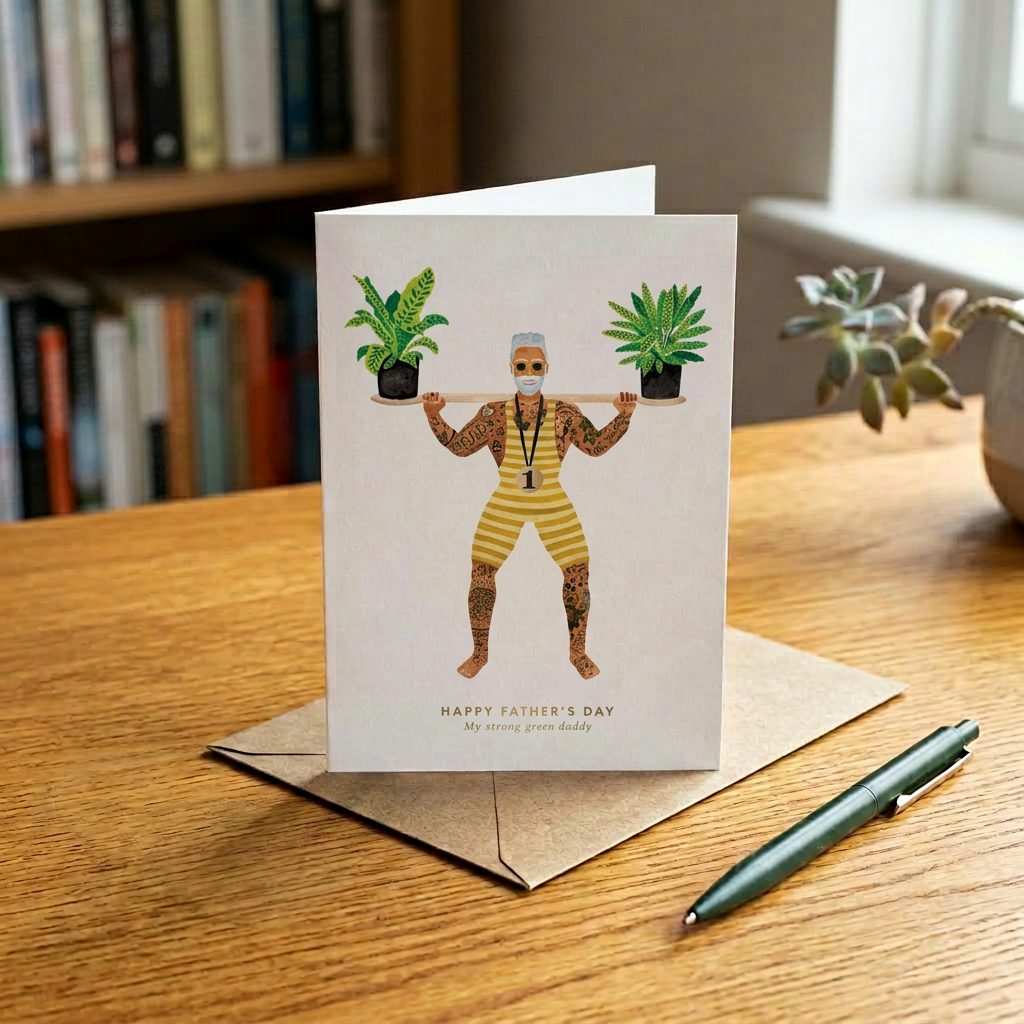 Strong Green Dad Vatertagskarte Aquarell tätowierter Gewichtheber mit Topfpflanzen Humor Papa